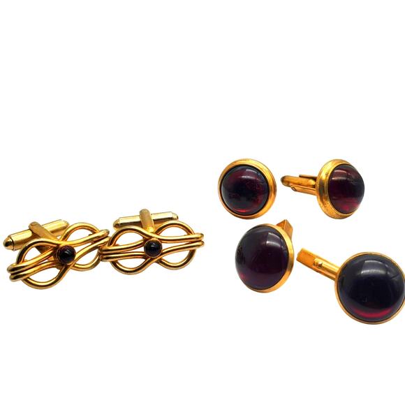 Retro Red Glass Cufflinks Love Knot Swank Correct Quality Gold Tone Link 3 Pair - Picture 2 of 9